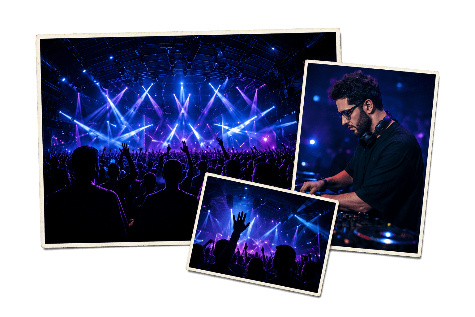 Colagem de três fotos da noite: pista lotada sob luzes azuis, DJ na cabine e público com as mãos para o alto